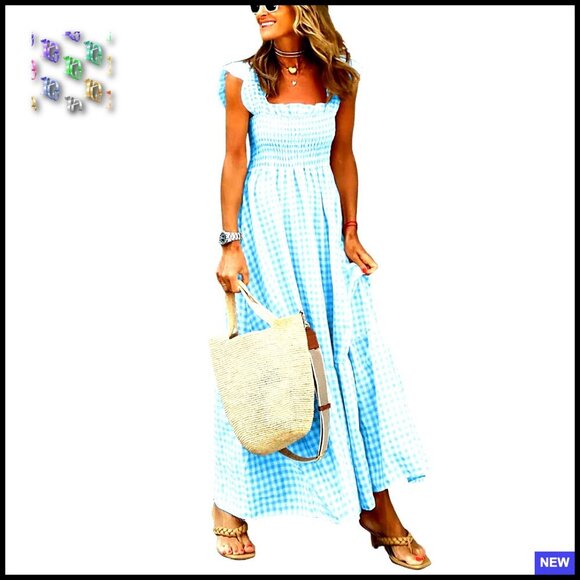 Dresses & Skirts - Retro Plaid Smocked Dress Spaghetti Strap Flounce Long A-Line Silhouette